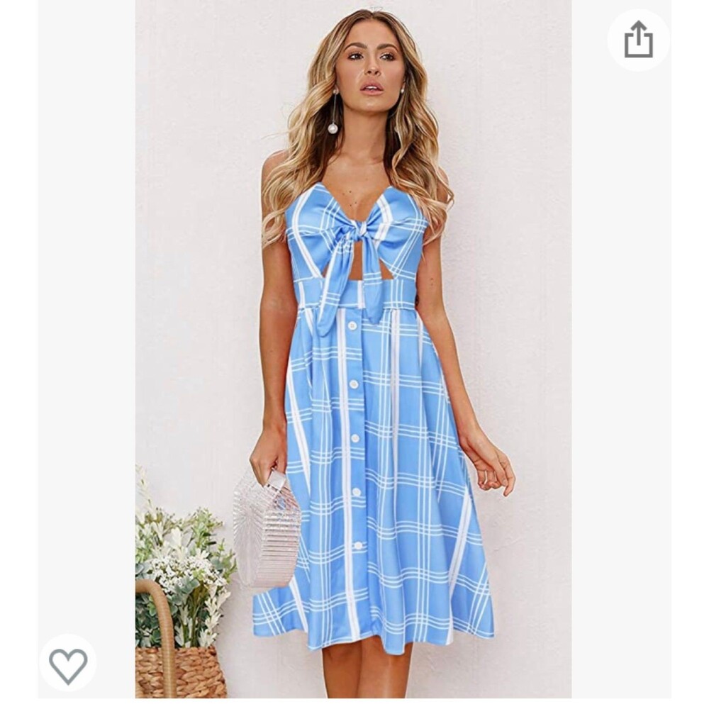 ECOWISH Women Dresses Summer Tie Front V-Neck Spaghetti Strap Button Down Dress